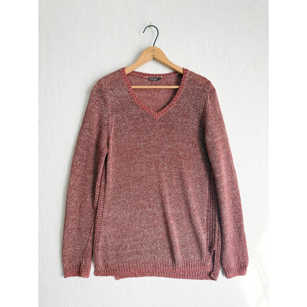 J.McLaughlin Womens Red Marled V-Neck Sweater Mesh Side Panels Size Medium
